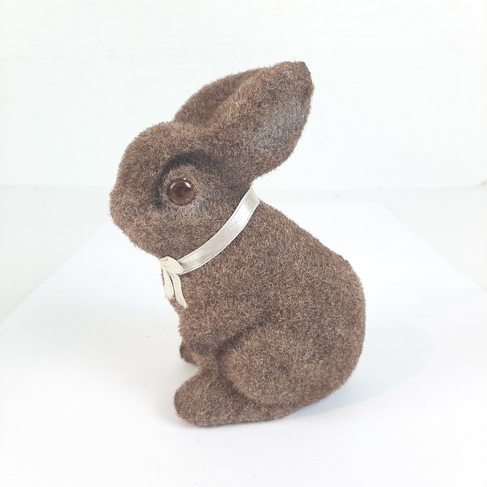 🔥Vtg Flocked Brown Eyes Bunny Rabbit Coin Bank Easter Stopper Fuzzy Unbranded
